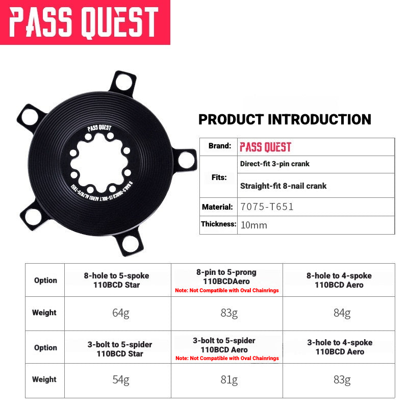 PASS QUEST Direct Mount Chainring Spider Adapter | GXP / DUB 3-Bolt & 8-Bolt to 110BCD