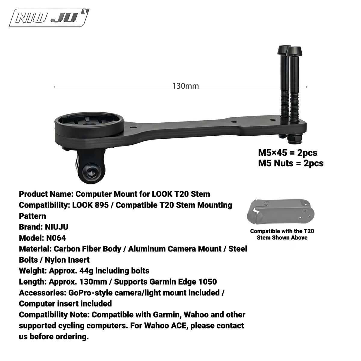 NIUJU Torque Computer Mount for LOOK 895 T20 Stem | Garmin 1050 / Wahoo Extension Mount
