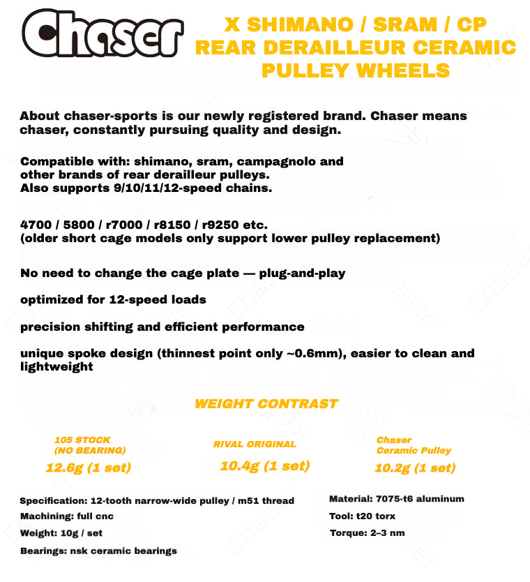 Chaser-Sports 12T Ceramic Rear Derailleur Pulley Wheel – 10.2g – Compatible with Shimano / SRAM / Campagnolo – 9/10/11/12-Speed