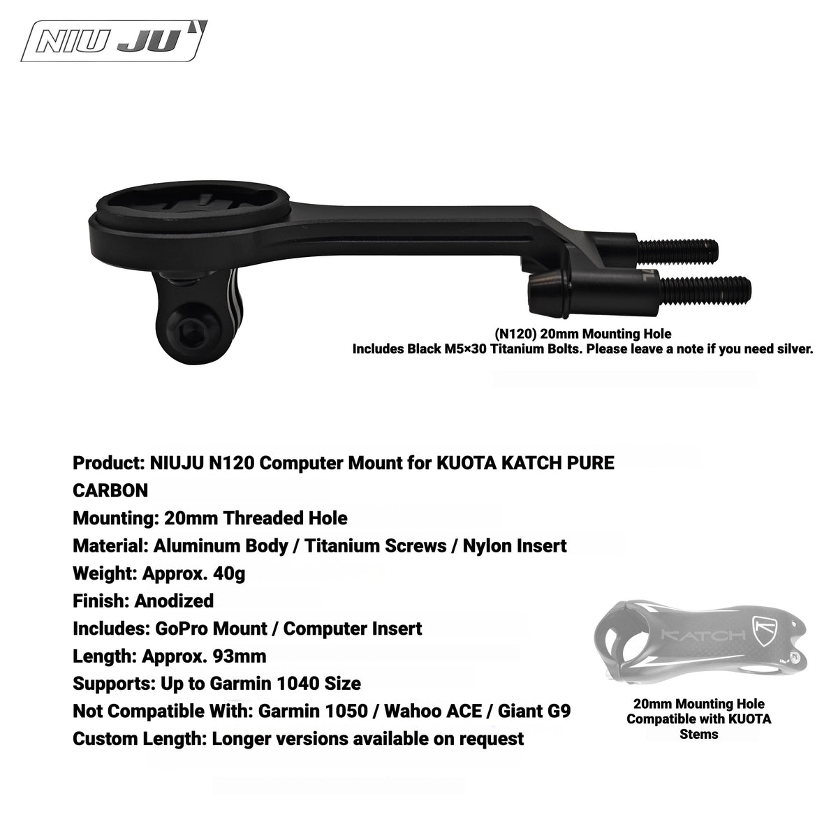 NIUJU KUOTA KATCH PURE CARBON Computer Mount | Aluminum Wahoo Extension Mount