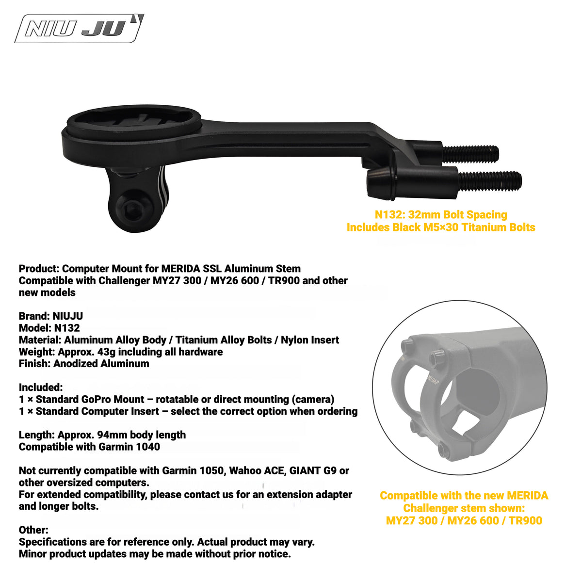 NIUJU Computer Mount for MERIDA SSL Aluminum Stem | Garmin Wahoo Bike Computer Mount