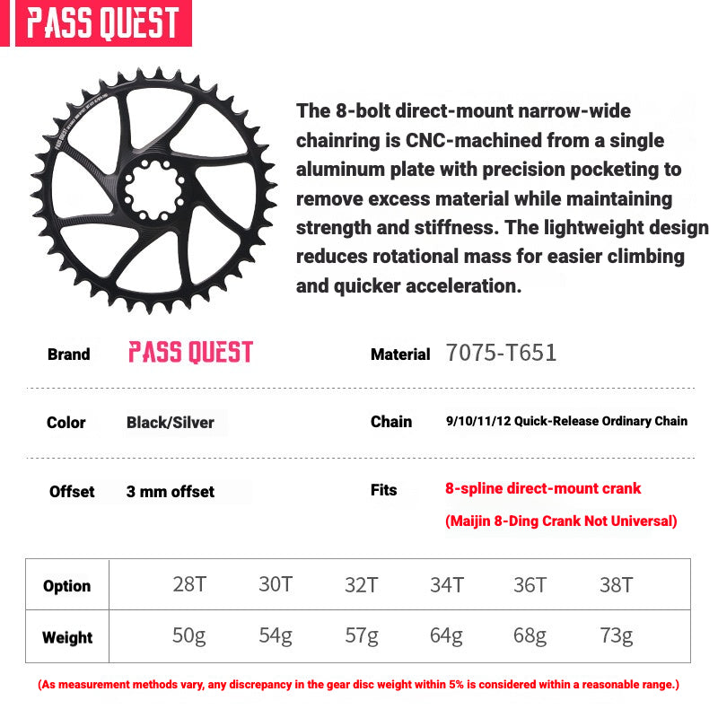 PASS QUEST 8-Bolt Direct Mount Chainring for SRAM Force / RED | 3mm Offset 28T–48T