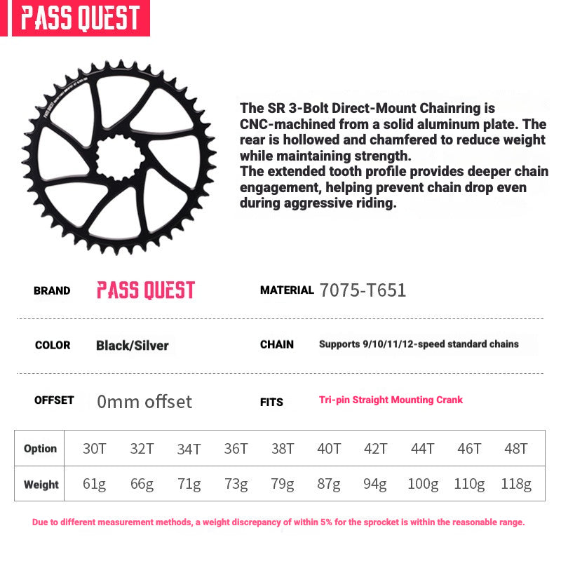 PASS QUEST SRAM 3-Bolt Direct-Mount Narrow-Wide Chainring | GXP DUB XX1 GX NX | 0mm Offset