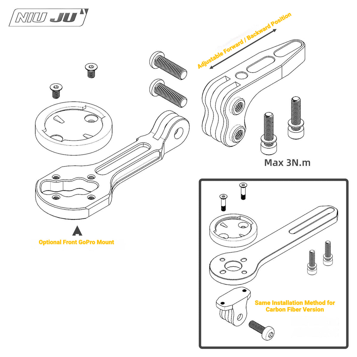 NIUJU Computer Mount for SHIMANO PRO VIBE EVO Integrated Handlebar | Aluminum & Carbon Fiber