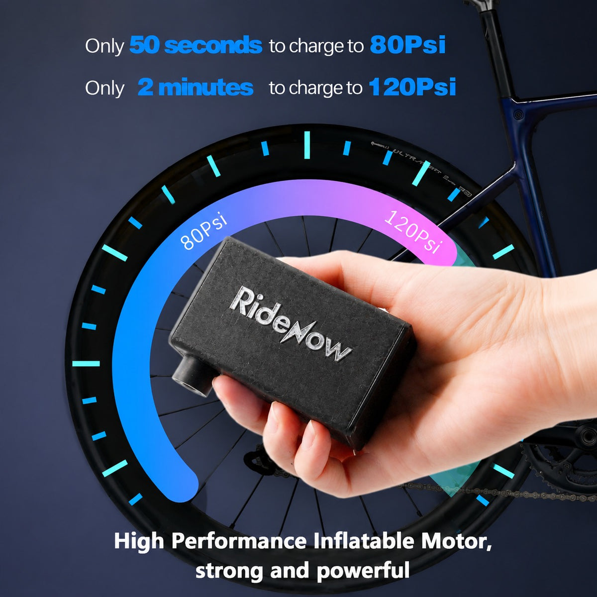 RIDENOW Mini Electric Bike Pump | Portable USB-C Bicycle Inflator | 100 / 120 / 150 PSI