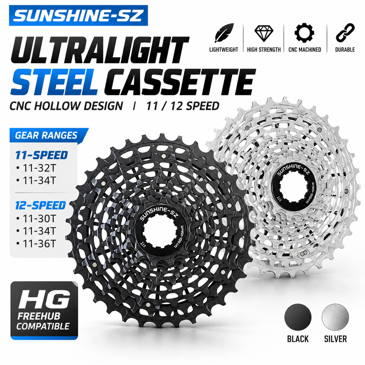 SUNSHINE-SZ Ultralight Steel Road Bike Cassette | 11/12 Speed CNC HG 11-30T / 32T / 34T / 36T