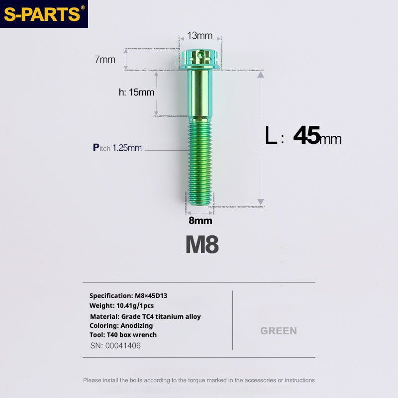 Tornillos de titanio verde SPARTS A3 Series M8 L10-120 mm para motocicletas y automóviles
