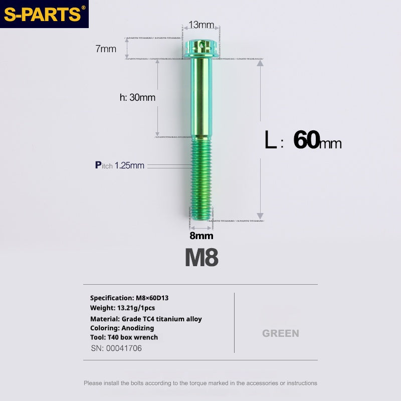 Tornillos de titanio verde SPARTS A3 Series M8 L10-120 mm para motocicletas y automóviles