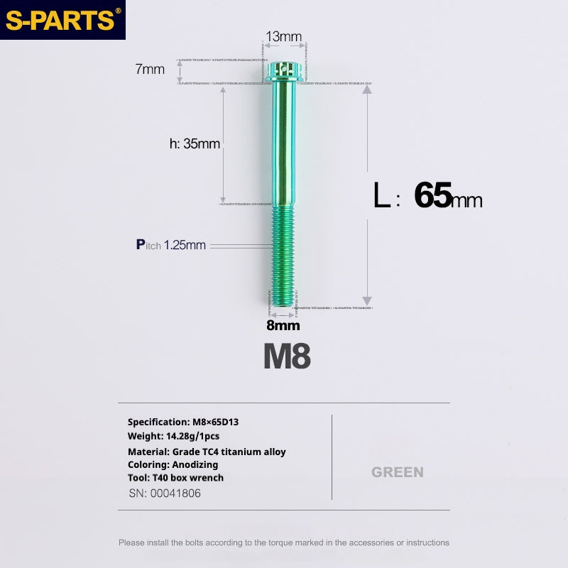 Tornillos de titanio verde SPARTS A3 Series M8 L10-120 mm para motocicletas y automóviles