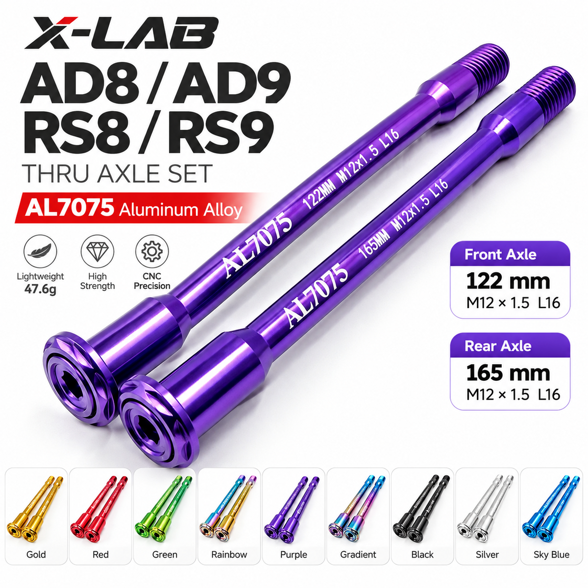 X-LAB RS8 RS9 AD8 AD9 Aluminum & Titanium Thru Axle Set | Lightweight Front & Rear