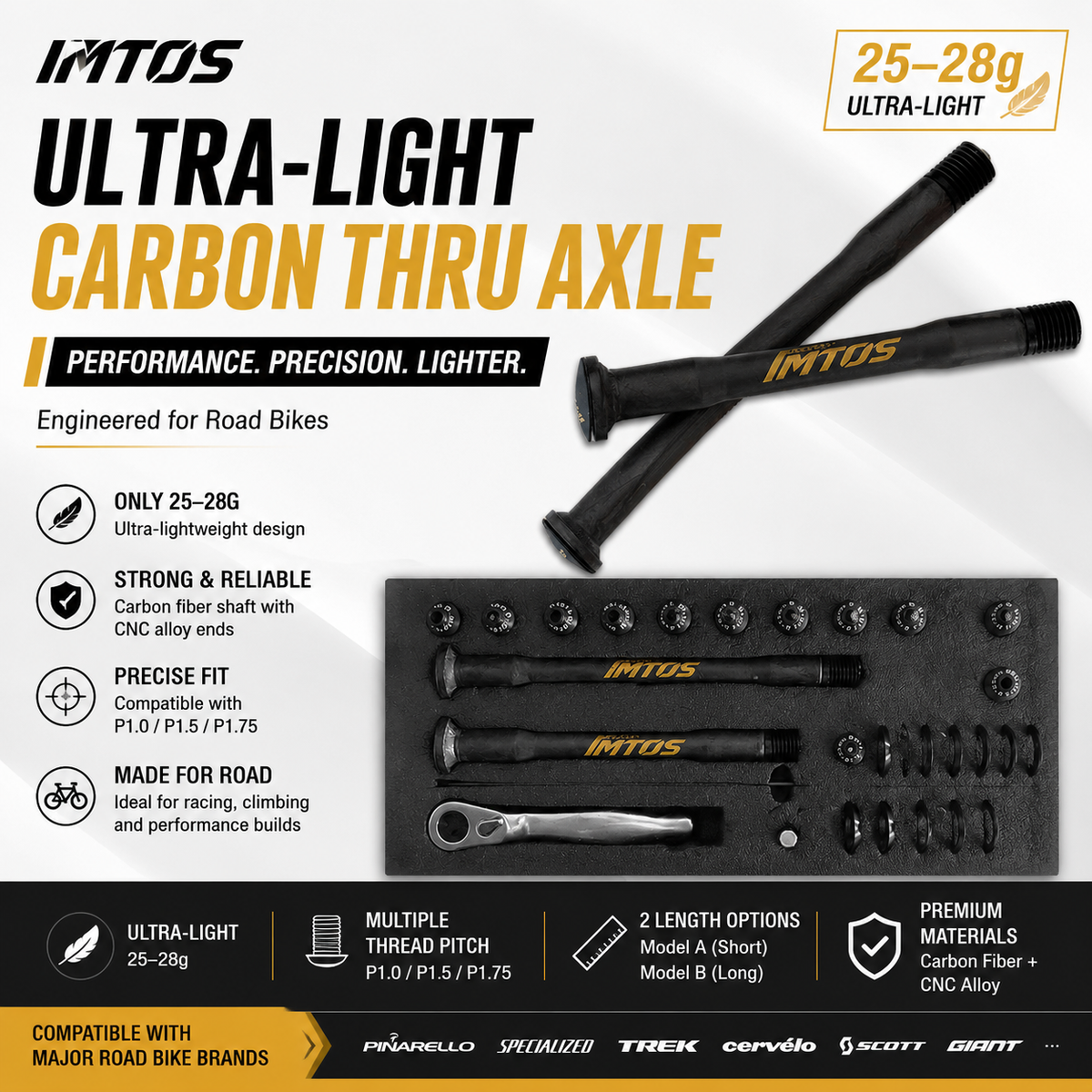 IMTOS 25–28g Ultra-Light Carbon Thru Axle for Road Bikes | P1.0 / P1.5 / P1.75 Universal