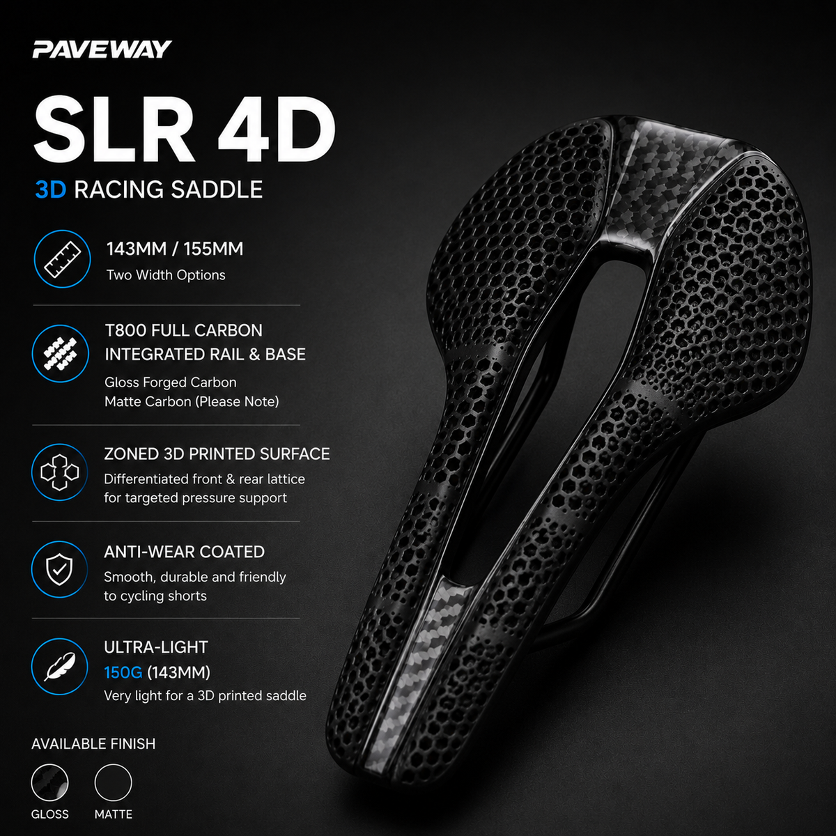 PAVEWAY R4 3D Inspired Full Carbon Racing Saddle | Ultra-Light Integrated Carbon Rail Saddle