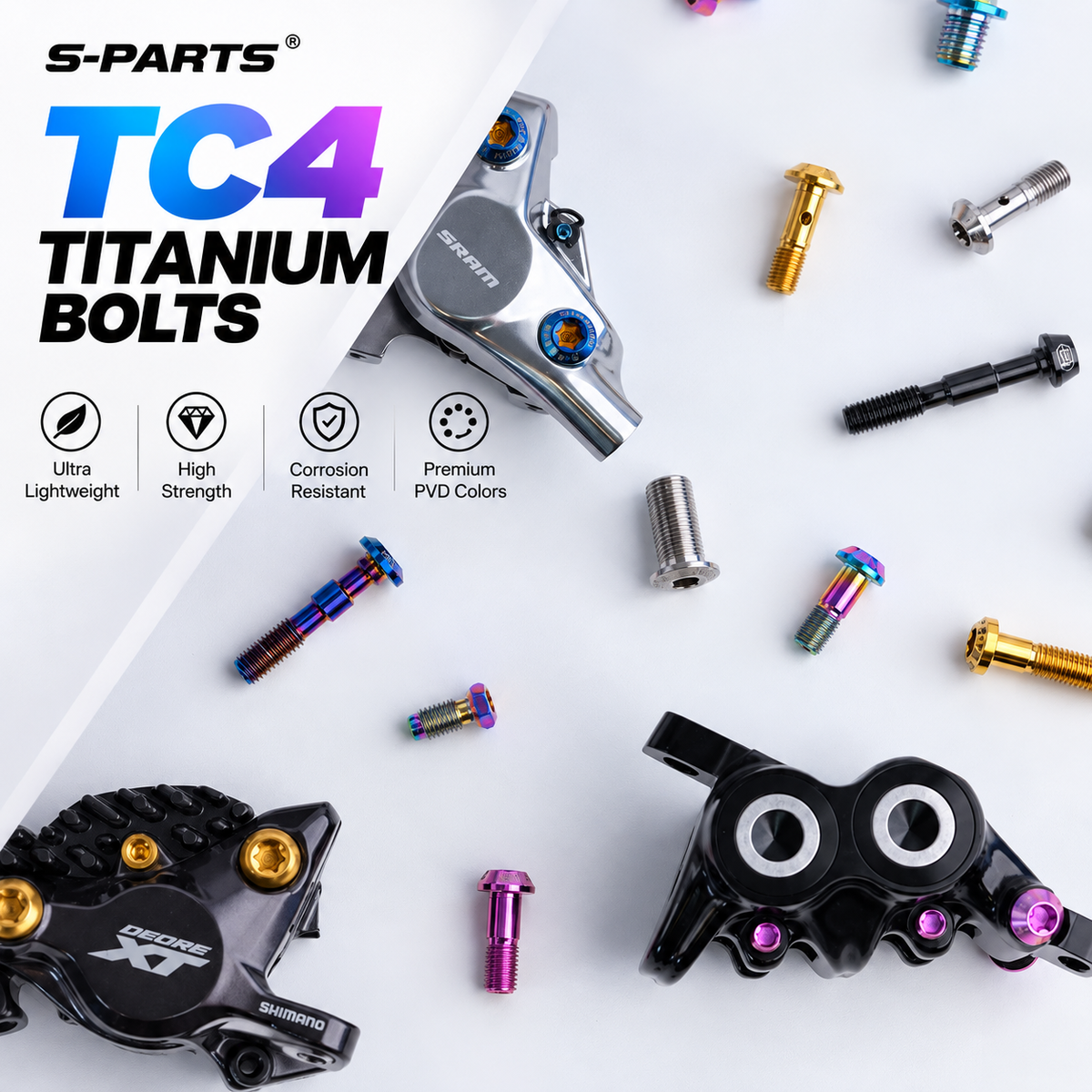 S-PARTS TC4 Titanium Disc Brake Caliper Bolts for Shimano SLX M7100 / XT M8100 M8120 / XTR M9120