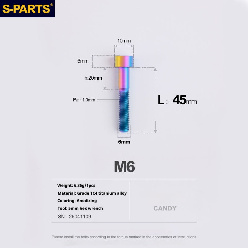 S-PARTS M6x30/40/35/50/60/70 Cubierta de dirección Pinza de freno de disco Tornillo de cabeza de vástago de aleación de titanio