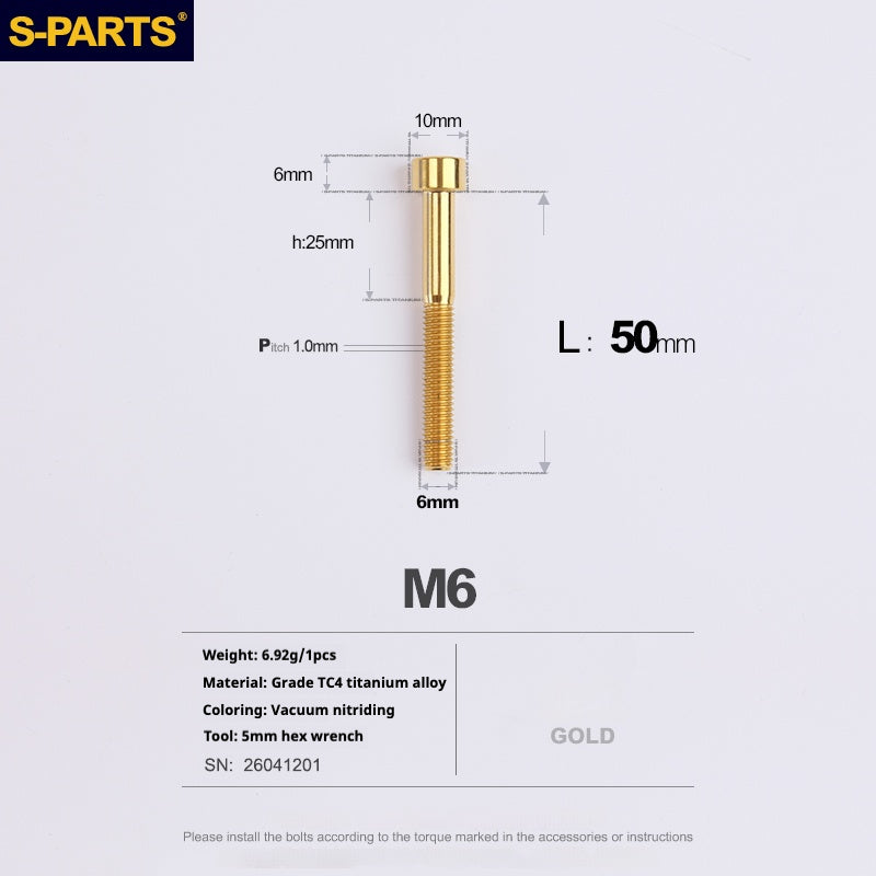 S-PARTS M6x30/40/35/50/60/70 Cubierta de dirección Pinza de freno de disco Tornillo de cabeza de vástago de aleación de titanio