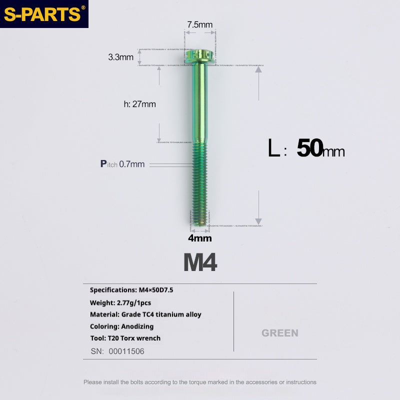 S-PARTS A3 Gold M4 Aleación de titanio Piezas estándar Tornillo para vehículo eléctrico Motocicleta Coche