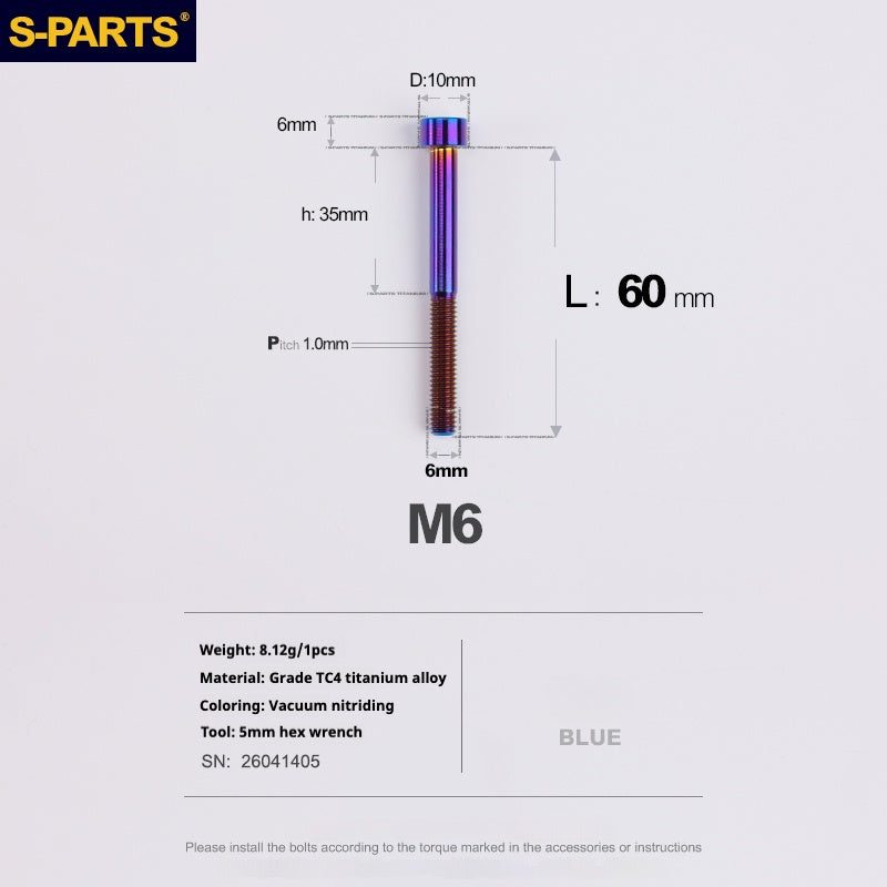 S-PARTS M6x30/40/35/50/60/70 Cubierta de dirección Pinza de freno de disco Tornillo de cabeza de vástago de aleación de titanio