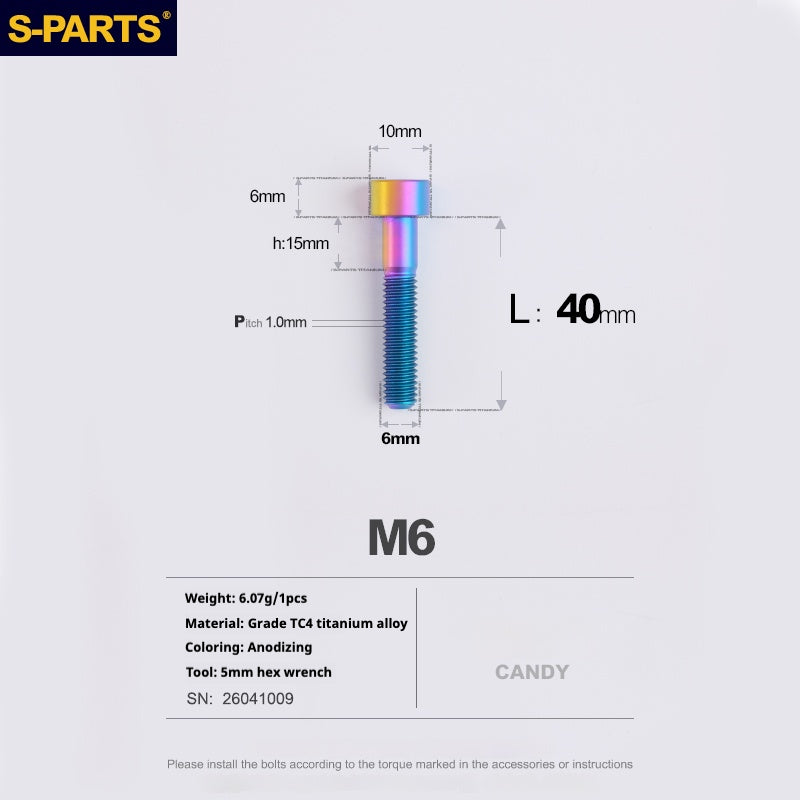 S-PARTS M6x30/40/35/50/60/70 Cubierta de dirección Pinza de freno de disco Tornillo de cabeza de vástago de aleación de titanio