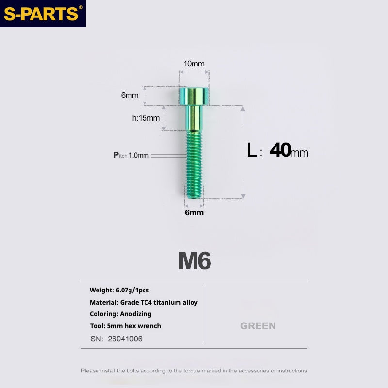 S-PARTS M6x30/40/35/50/60/70 Cubierta de dirección Pinza de freno de disco Tornillo de cabeza de vástago de aleación de titanio