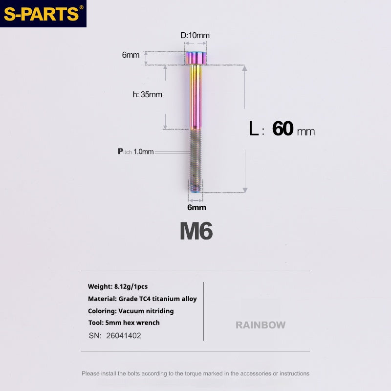 S-PARTS M6x30/40/35/50/60/70 Cubierta de dirección Pinza de freno de disco Tornillo de cabeza de vástago de aleación de titanio