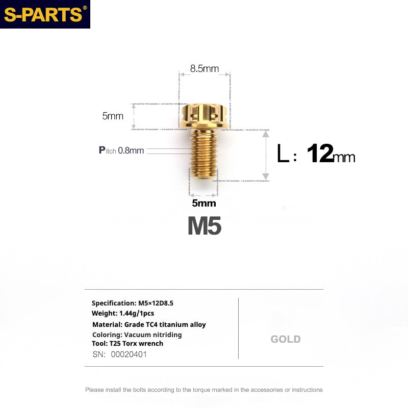 Tornillos de titanio dorados SPARTS Golden A3 Series M5 L06-95 mm para motocicletas y automóviles