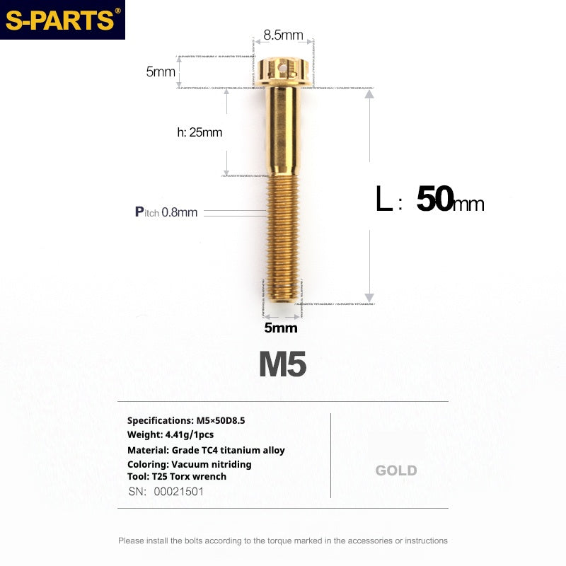 Tornillos de titanio dorados SPARTS Golden A3 Series M5 L06-95 mm para motocicletas y automóviles