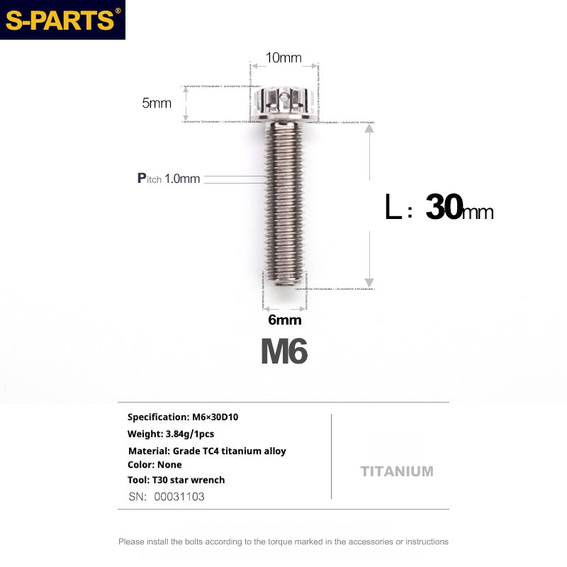 SPARTS A3 Série M6 L08-120mm Vis Titane Couleur Titane Moto Auto