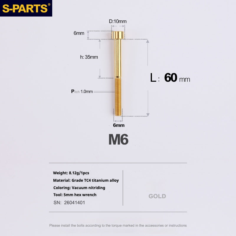 S-PARTS M6x30/40/35/50/60/70 Cubierta de dirección Pinza de freno de disco Tornillo de cabeza de vástago de aleación de titanio
