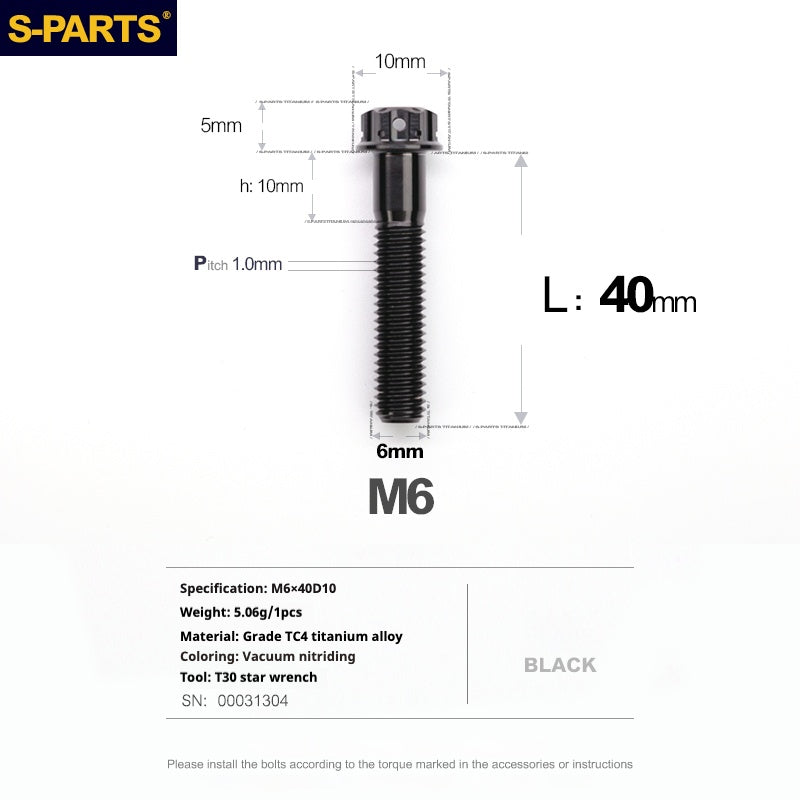 Tornillos de titanio negros SPARTS A3 Series M6 L08-120 mm para motocicletas y automóviles