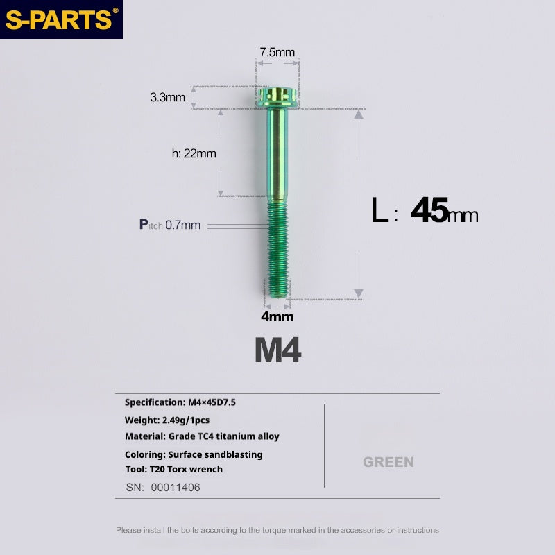 S-PARTS A3 Gold M4 Aleación de titanio Piezas estándar Tornillo para vehículo eléctrico Motocicleta Coche