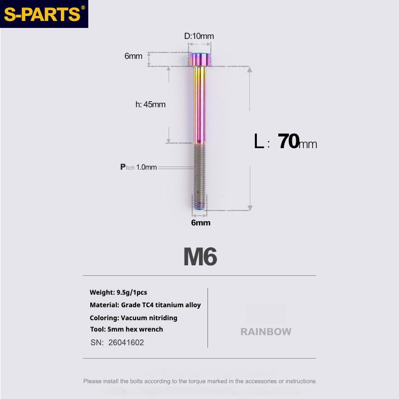 S-PARTS M6x30/40/35/50/60/70 Cubierta de dirección Pinza de freno de disco Tornillo de cabeza de vástago de aleación de titanio