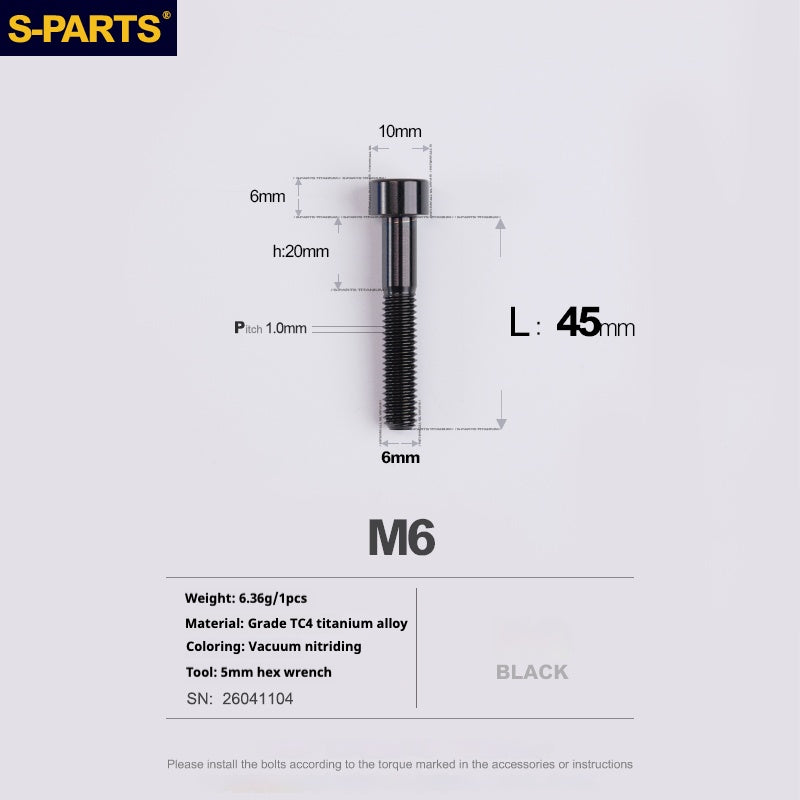 S-PARTS M6x30/40/35/50/60/70 Cubierta de dirección Pinza de freno de disco Tornillo de cabeza de vástago de aleación de titanio