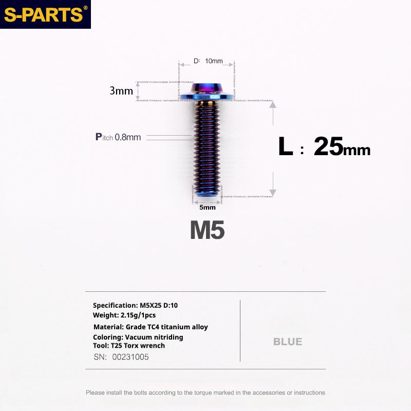 S-PARTS A3 Umbrella Head M5 L06-55mm D10 Motorcycle Electric Vehicle Titanium Screw