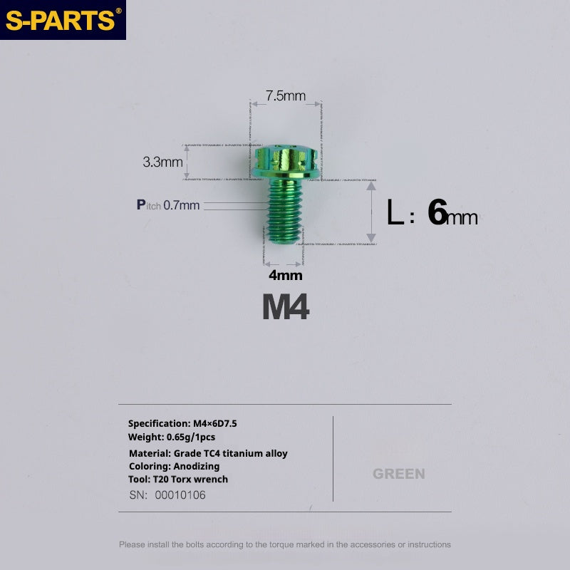 S-PARTS A3 Gold M4 Aleación de titanio Piezas estándar Tornillo para vehículo eléctrico Motocicleta Coche