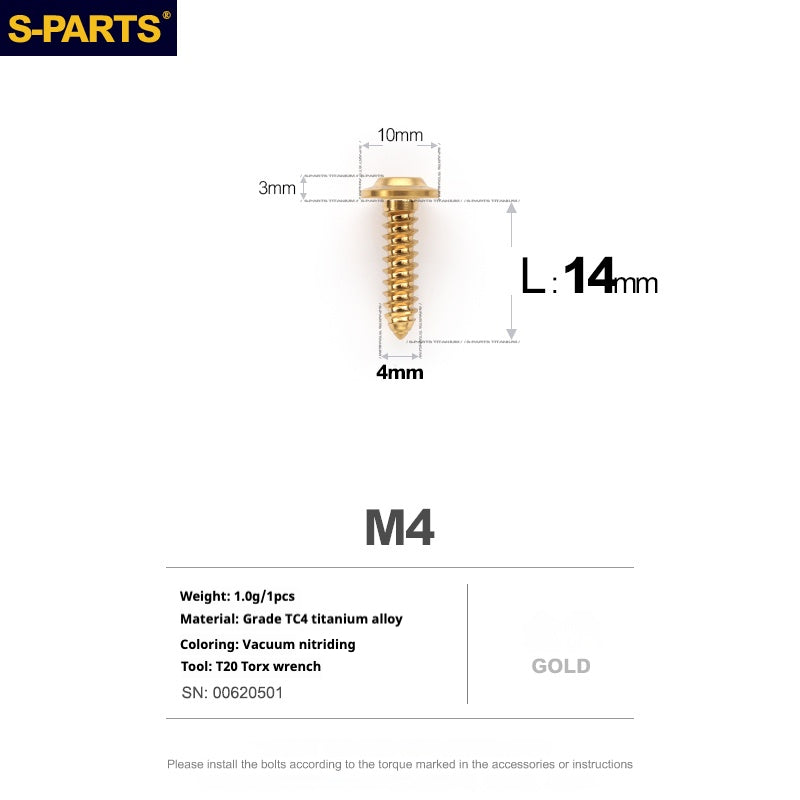 Vis auto-taraudeuses SPART A3 à tête parapluie, série fil, M4 L12-20mm D10 en titane pour moto et auto