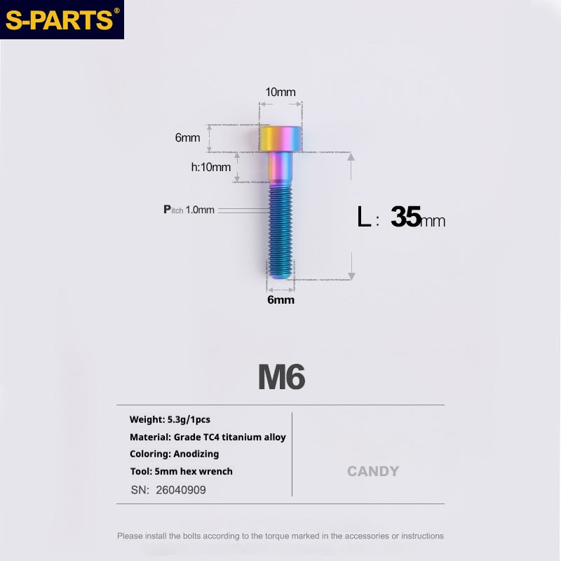 S-PARTS M6x30/40/35/50/60/70 Cubierta de dirección Pinza de freno de disco Tornillo de cabeza de vástago de aleación de titanio