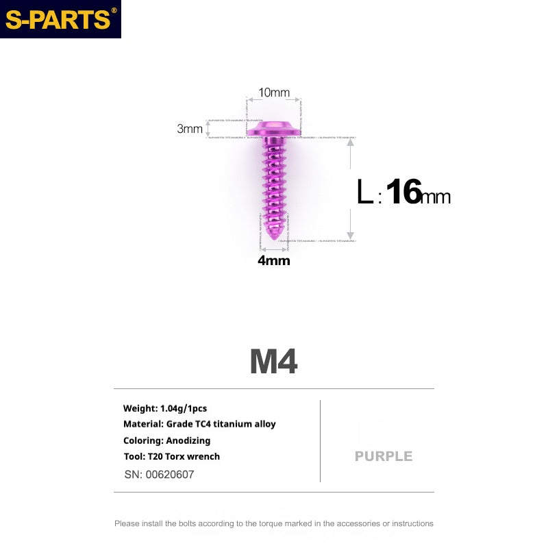 Vis auto-taraudeuses SPART A3 à tête parapluie, série fil, M4 L12-20mm D10 en titane pour moto et auto