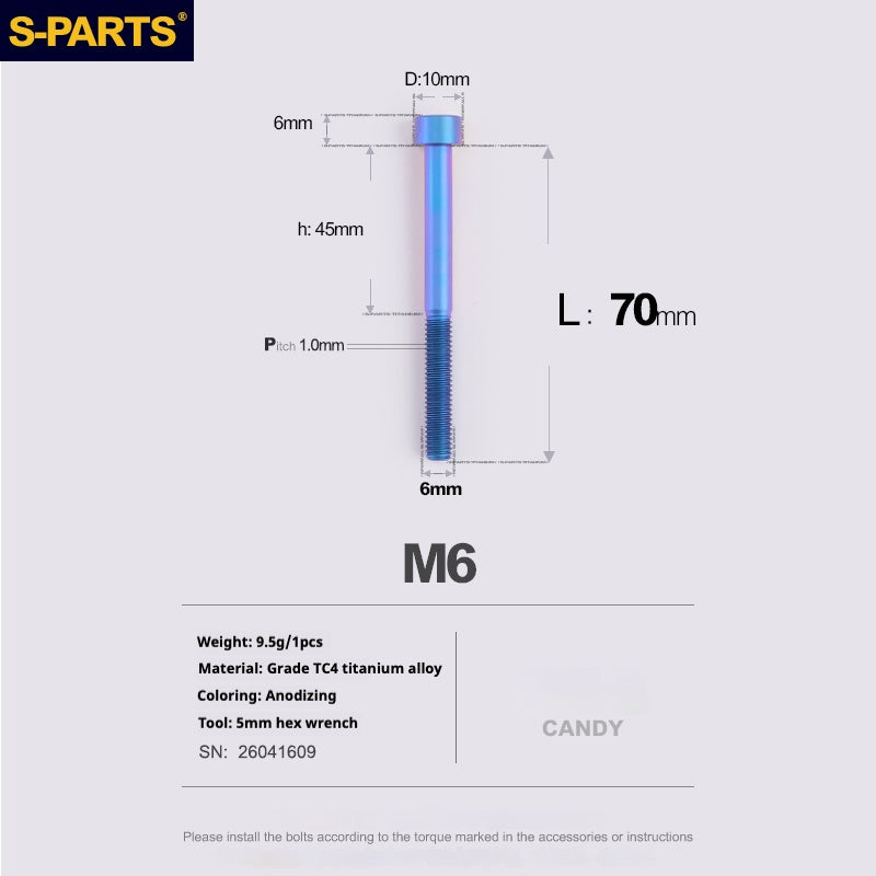 S-PARTS M6x30/40/35/50/60/70 Cubierta de dirección Pinza de freno de disco Tornillo de cabeza de vástago de aleación de titanio