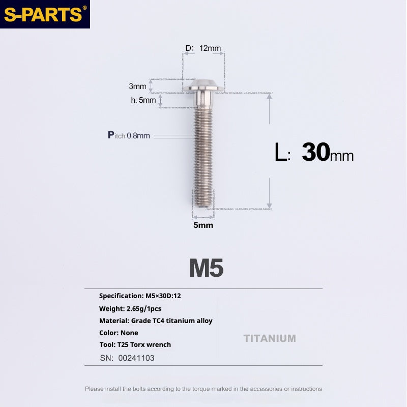 S-PARTS M5 10-30MM Motocicleta Vehículo Eléctrico A3 Nuevo Cabezal de Paraguas Tornillo de Aleación de Titanio D12