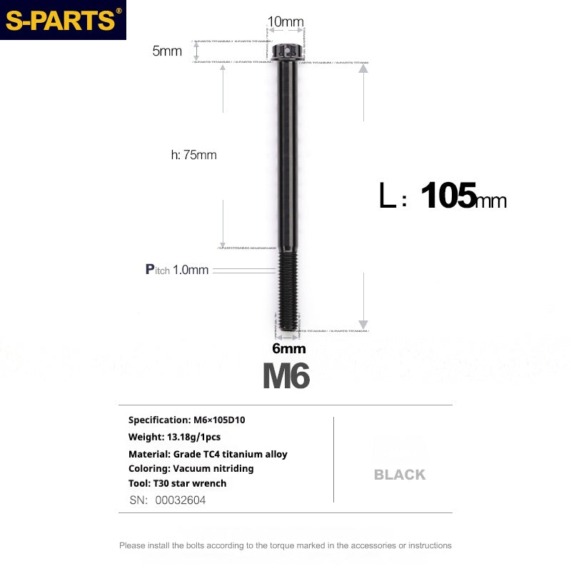Tornillos de titanio negros SPARTS A3 Series M6 L08-120 mm para motocicletas y automóviles