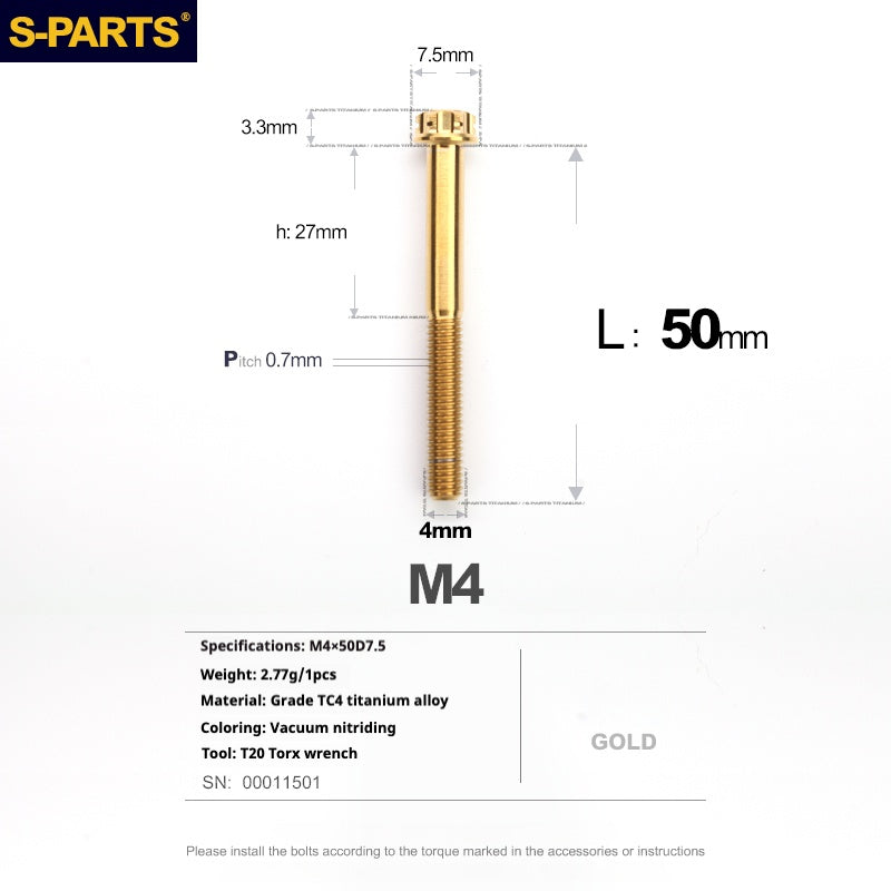 S-PARTS A3 Gold M4 Aleación de titanio Piezas estándar Tornillo para vehículo eléctrico Motocicleta Coche
