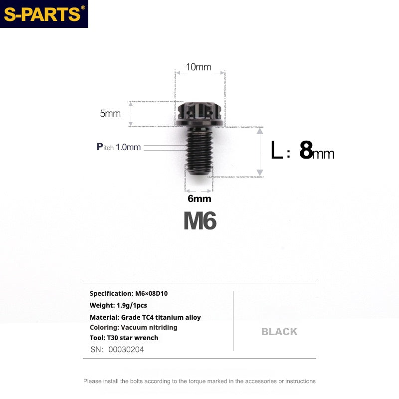 Tornillos de titanio negros SPARTS A3 Series M6 L08-120 mm para motocicletas y automóviles