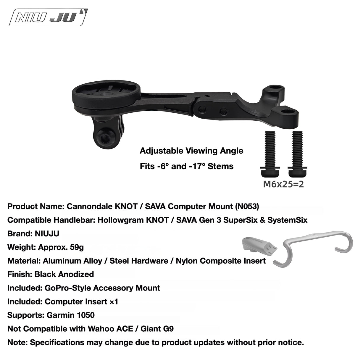 NIUJU Computer Mount for Cannondale SuperSix EVO Gen 3 & SystemSix KNOT Cockpit | Garmin Wahoo Compatible