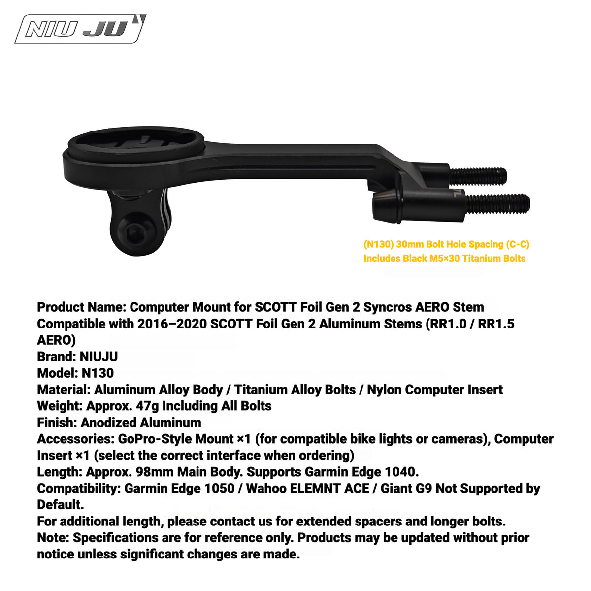 NIUJU Computer Mount for SCOTT SYNCROS FOIL RR1.5 / RR1.0 AERO Stem | Garmin Wahoo