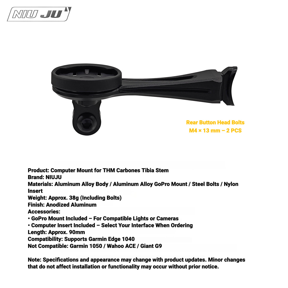 NIUJU Aluminum Computer Mount for THM Carbones Tibia & Schmolke Stems | Garmin GoPro