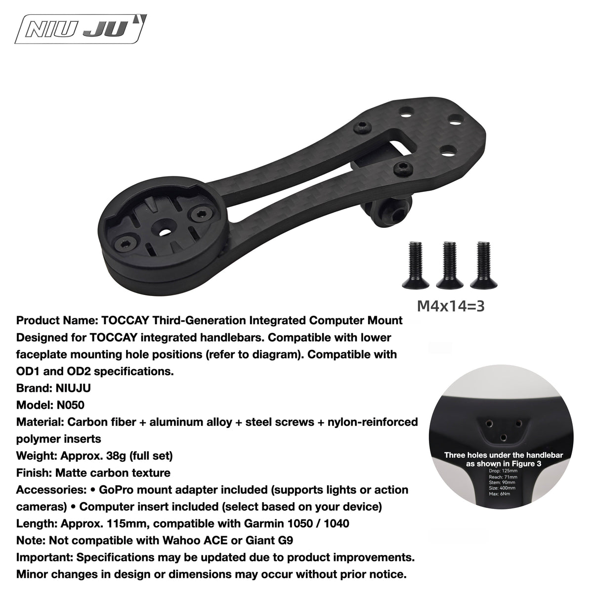 TOCCAY Carbon Computer Mount for Integrated Cockpits | GoPro Garmin Wahoo Compatible Extension Mount