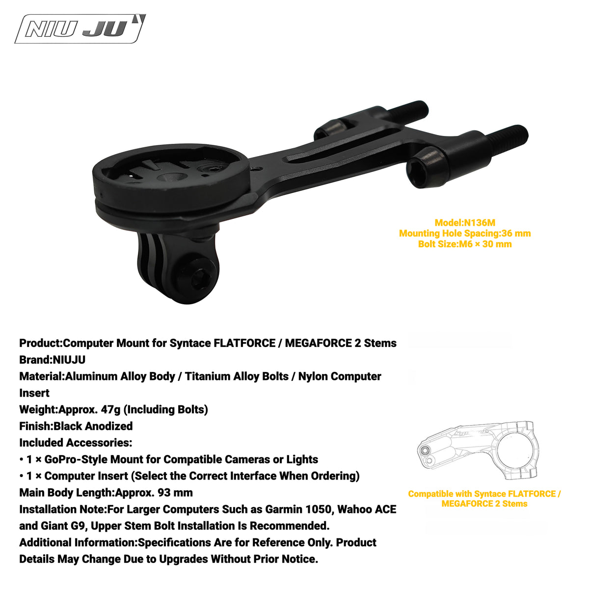 NIUJU Computer Mount for Syntace FLATFORCE & MEGAFORCE 2 Stem | Garmin Wahoo