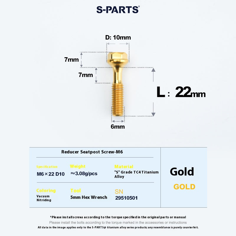 S-PARTS M6 티타늄 시트포스트 스텝다운 볼트 및 너트 키트 – 다양한 길이 및 색상