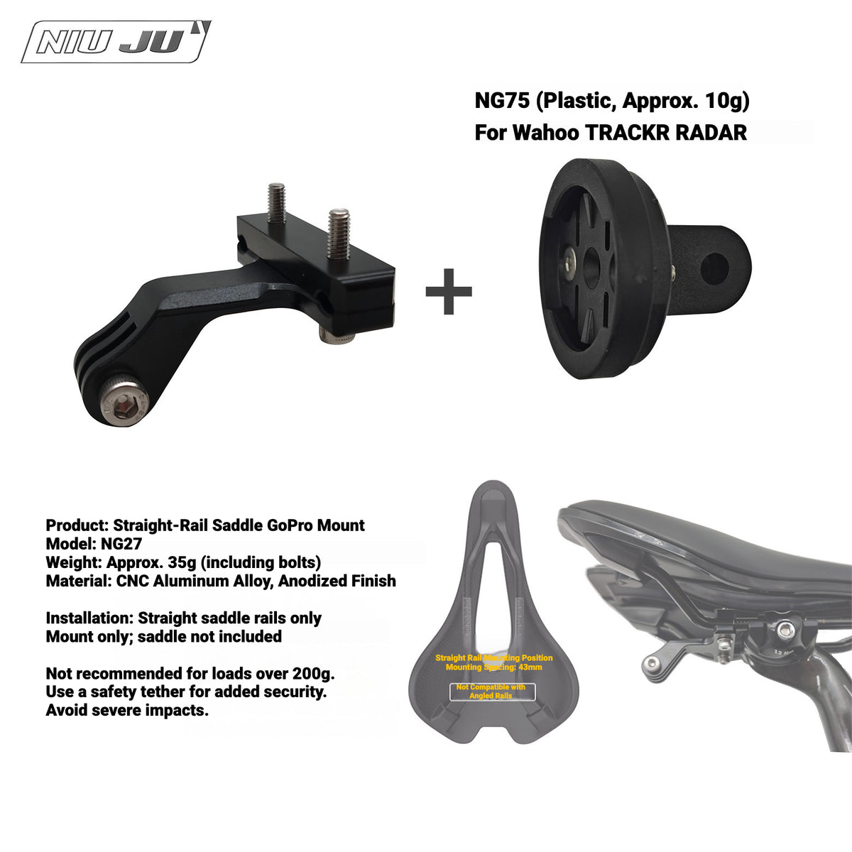 NIUJU Wahoo TRACKR RADAR Rear Light Saddle Mount | For Specialized Trek & More