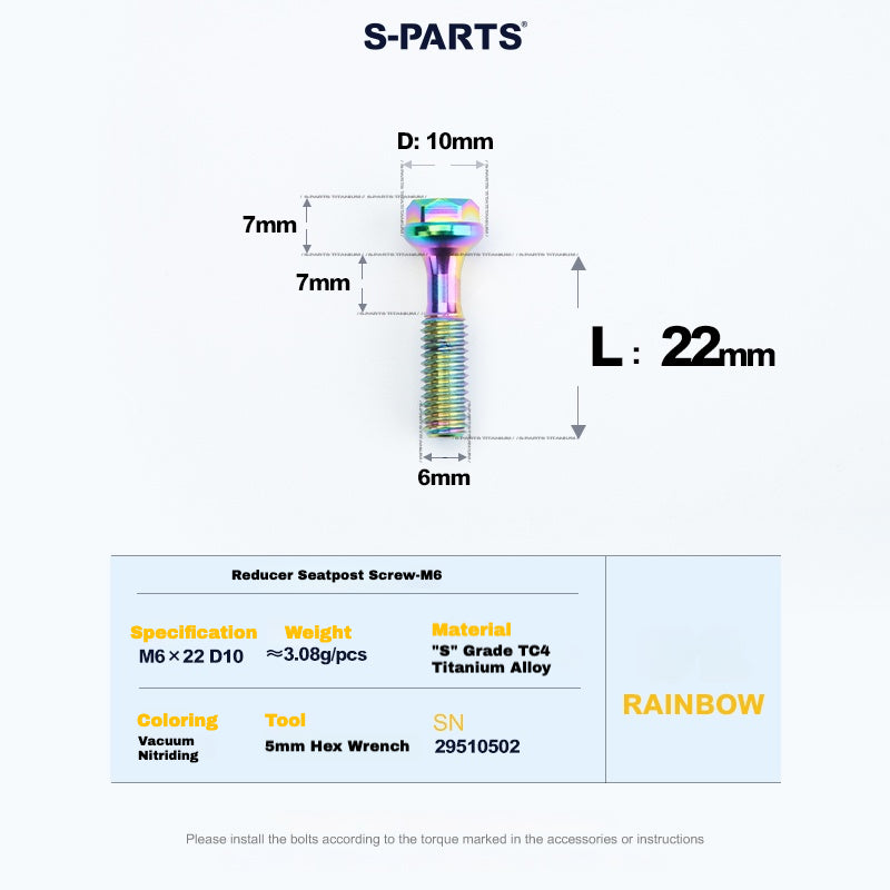 S-PARTS M6 티타늄 시트포스트 스텝다운 볼트 및 너트 키트 – 다양한 길이 및 색상